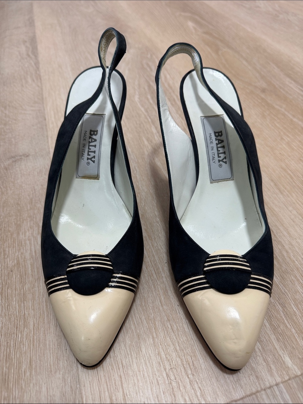 Bally Black and Cream Pointed Toe Slingback Heels